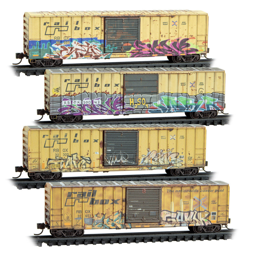 MTL 98305099 N 50' Ribe Side Box Cars Weathered Railbox 4 Pack