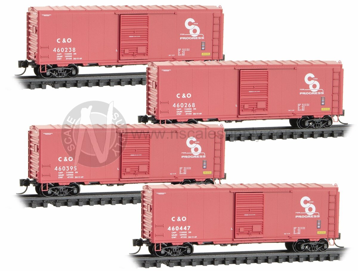 MTL 98300230 N 40' Standard Box Cars W/O Roof Walk ChesaPeake & Ohio 4 Pack